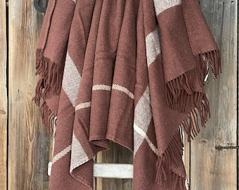 Brown wool throw blanket Checked with fringes Pure lambswool Cinnamon brown throw blanket wool Sofa throw blanket brown 51''X79''/130X200cm