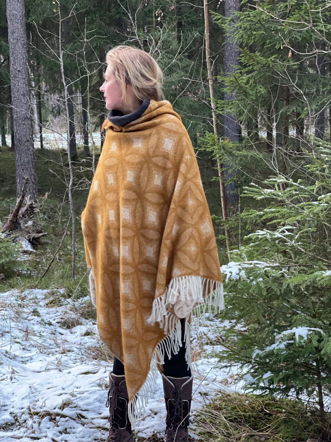 Mustard Yellow Merino Wool Poncho Ladies Poncho Mustard Yellow Hooded