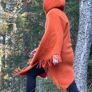 Orange wool poncho cape hooded with fringes Orange poncho cape Long lambswool poncho with fringes Hooded poncho Wool blanket ponchos capes image 2