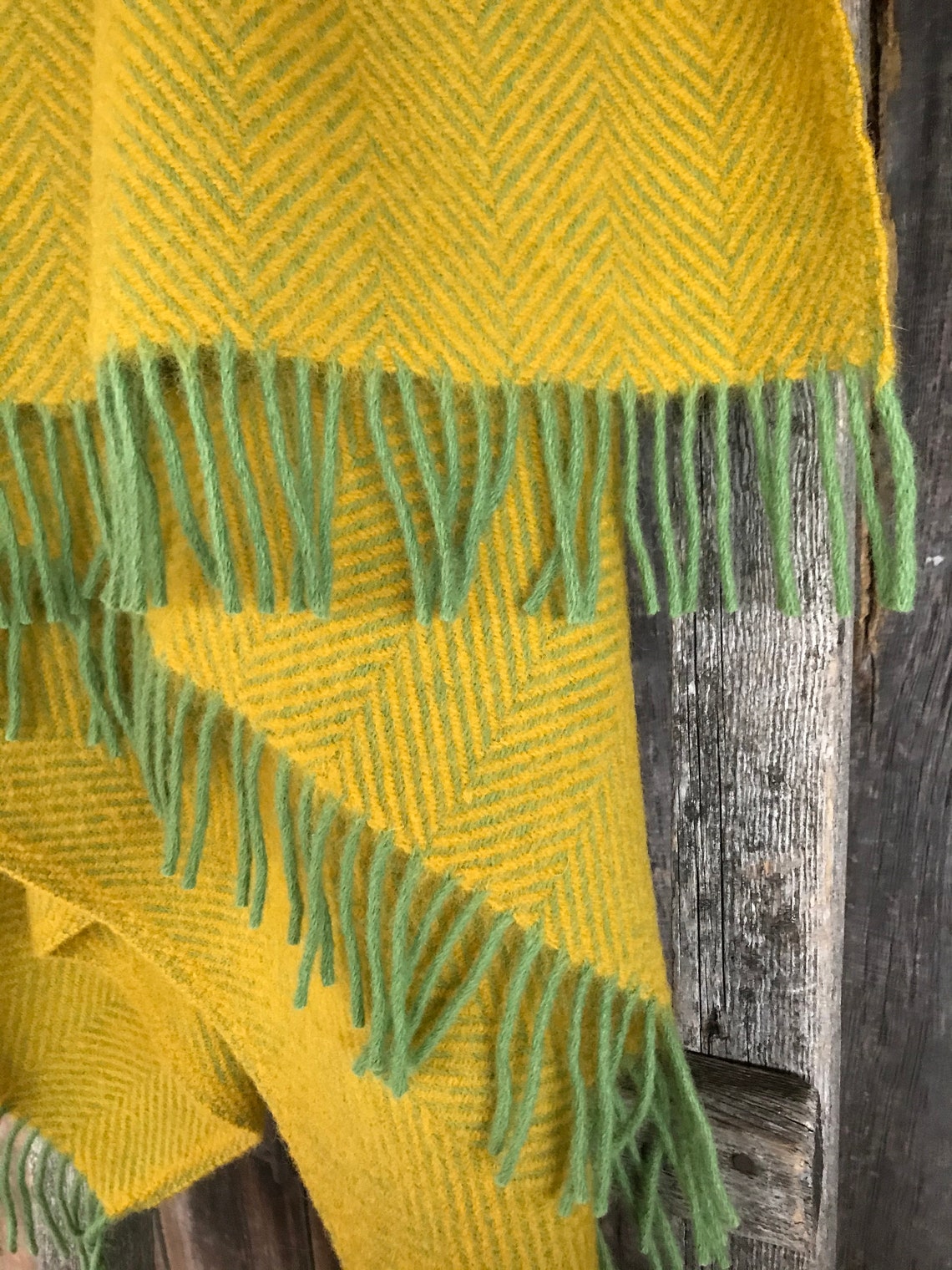 Mustard yellow wool throw blanket with green fringes Etsy