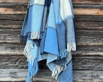 XL size navy Blue&light blue classic large check wool throw blanket with fringes Blue/white pure lambswool throw blanket 67''X82''/170X210cm
