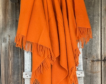 Orange wool throw blanket with fringes Orange wool sofa throw Orange blankets throws Pure lambswool sofa throw blanket 55''X81''/140X205cm