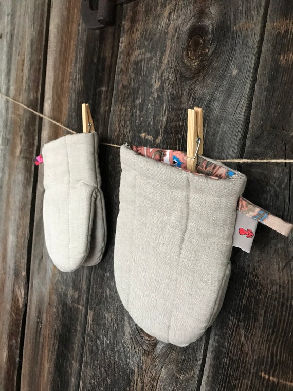 Set of 2 Natural Grey Linen Oven Mitt Pot Holder Kitchen Gloves