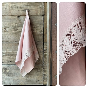 Toalla de té de lino rosa en polvo con encaje de lino Stonewashed Toalla de té de lino floral Encaje de lino romántico vintage Toalla de té de lino romántico rosa claro