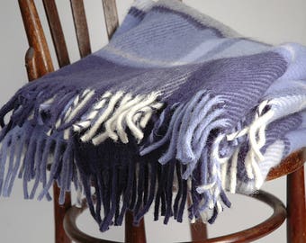 Couverture en laine pure avec franges Lait blanc / Bleu grande couverture Lambswool Pure laine jette laine jeter 55''X81''/140X205cm Cadeau parfait