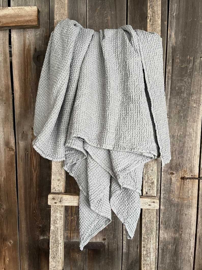 Light Grey Waffle Linen Bed Throw Blanket Soft Grey Waffle Etsy
