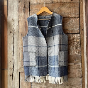 Graue Wolle Decke WESTE mit Taschen Blau Karo Wolle Lammwolle ärmellose Weste Taschen Taste XL Größe Wolle Wrap rund Körper warm atmungsaktiv