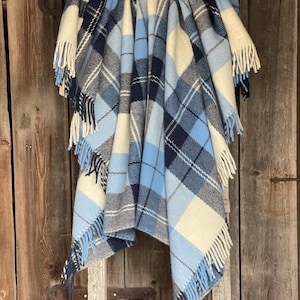 Light Blue wool throw blanket with fringes large check Blue/white/grey checked pure wool throw blanket in check XL size 67&#39;&#39;X82&#39;&#39;/170X210cm