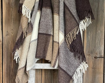 Brown wool throw blankets Lambswool throw blanket with fringes, Brown/beige/white large check pure wool throw blanket 55''X81''/140X205cm