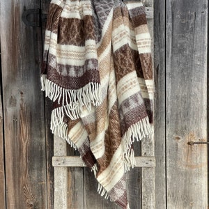 Pure wool throw blanket XL size Alpaca/lambswool brown/white etno ornament Wool throw blanket etno style with fringes 67''X82''/170X210cm