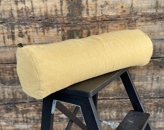 Senfgelbes Leinen-Nackenkissen. Buchweizen-Rollen-Nackenkissen. Verstellbares Nackenkissen mit Stonewashed-Leinen-Kissenbezug, 13 x 50 cm