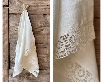 White linen tea towel white lace, Laced off-white linen tea towel, Vintage stonewashed linen tea towel white linen lace 19''x33''/50x85cm