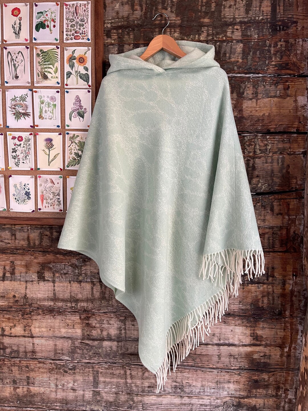 Mint Green Merino Blanket Poncho Cape With Fringes Pure Wool Etsy