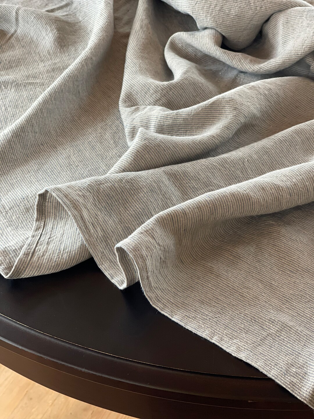 Stonewashed Linen Tablecloth Narrow Striped Natural Grey/light Blue