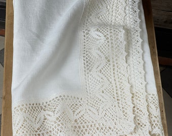 Mantel de lino blanco lino Laced Mantel de lino puro Comedor Lino blanco Manteles de lino puro blanco encaje de lino blanco ~9 cm/3.5''
