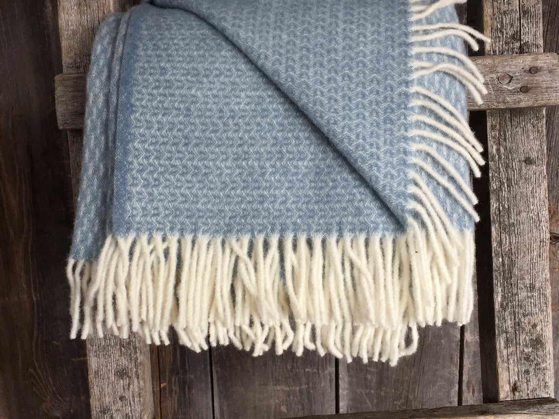 Pure wool throw blankets Light blue wool throw blanket with Etsy