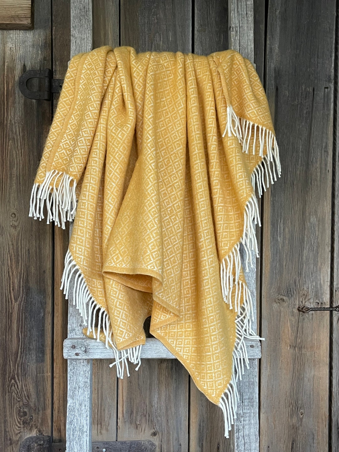 Mustard Yellow Wool Throw Blanket With White Fringes Mustard Yellow
