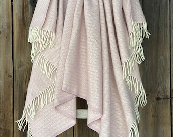 Pink wool throw blanket Soft pink wool throw blanket white fringes pure lambswool throw blanket Light Pink sofa throw 51''X79''/130X200cm