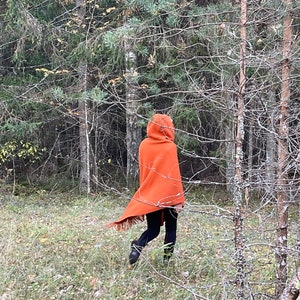 Orange wool poncho cape hooded with fringes Orange poncho cape Long lambswool poncho with fringes Hooded poncho Wool blanket ponchos capes image 8