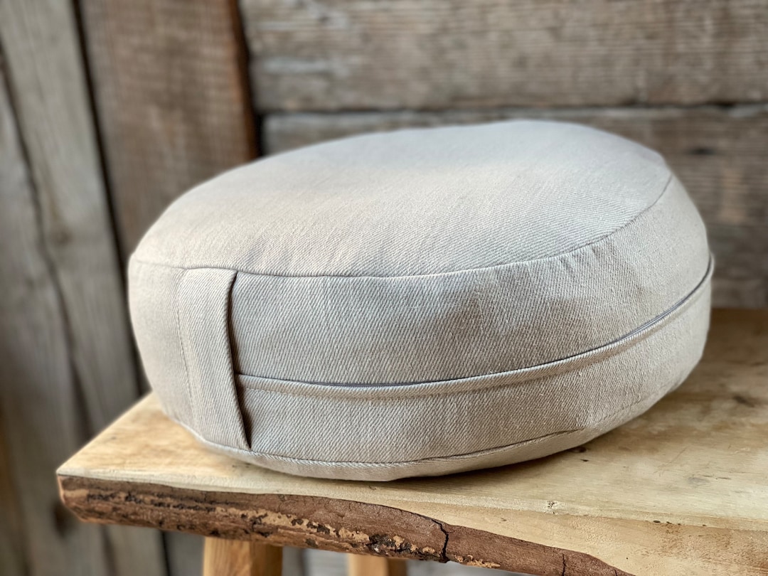 Linen Buckwheat Meditation Zafu Cushion Light Beige Burlap Linen Floor