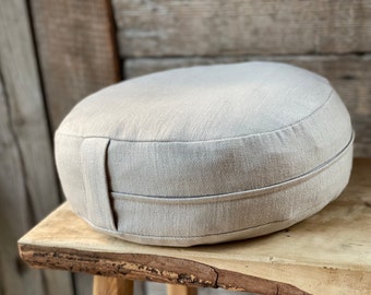 Linen Meditation Zafu Cushion: Light Beige Burlap, Buckwheat Fill