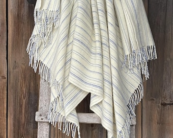White wool throw blanket with fringes Light blue/white striped throw blanket pure lambswool light warm breathable throw 55''X81''/140X205cm