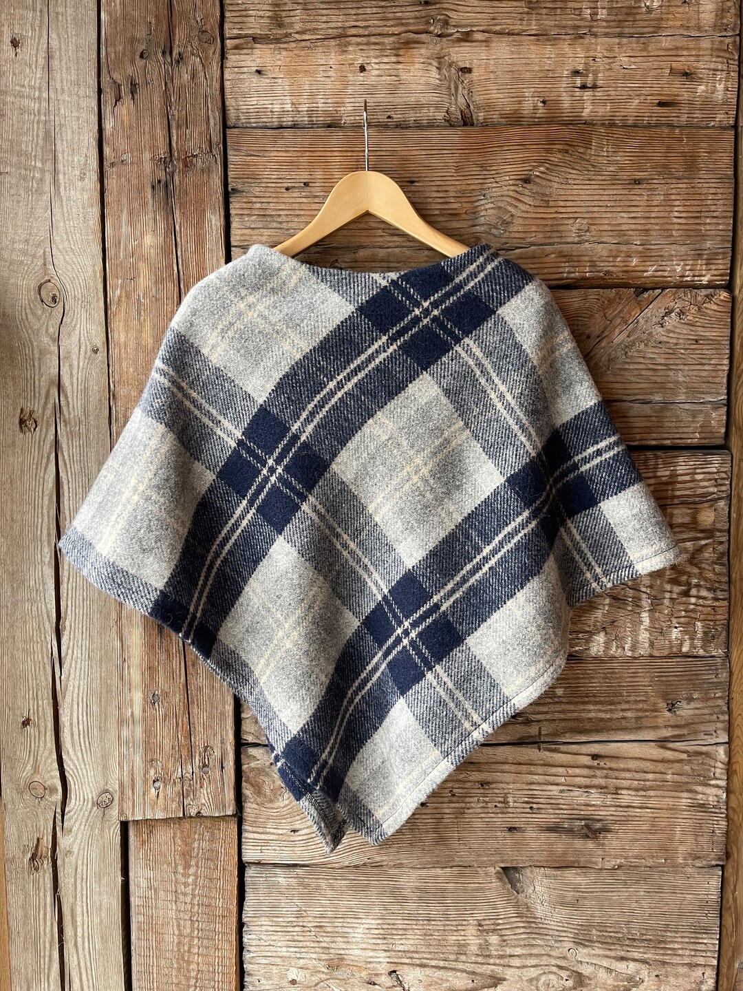 Checked Wool Blanket Poncho Cape Tartan Checked Wool Ponchos Capes Navy