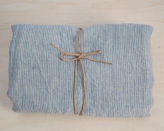 Soft linen bath towel 100% pure linen fabric bath sheet Natural and light blue very narrow printstripes Stonewashed Linen towel Spa towel