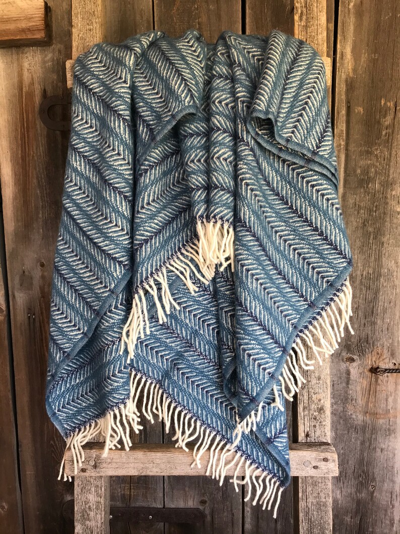 Blue/white herringbone throw blanket with fringes Pure wool Etsy