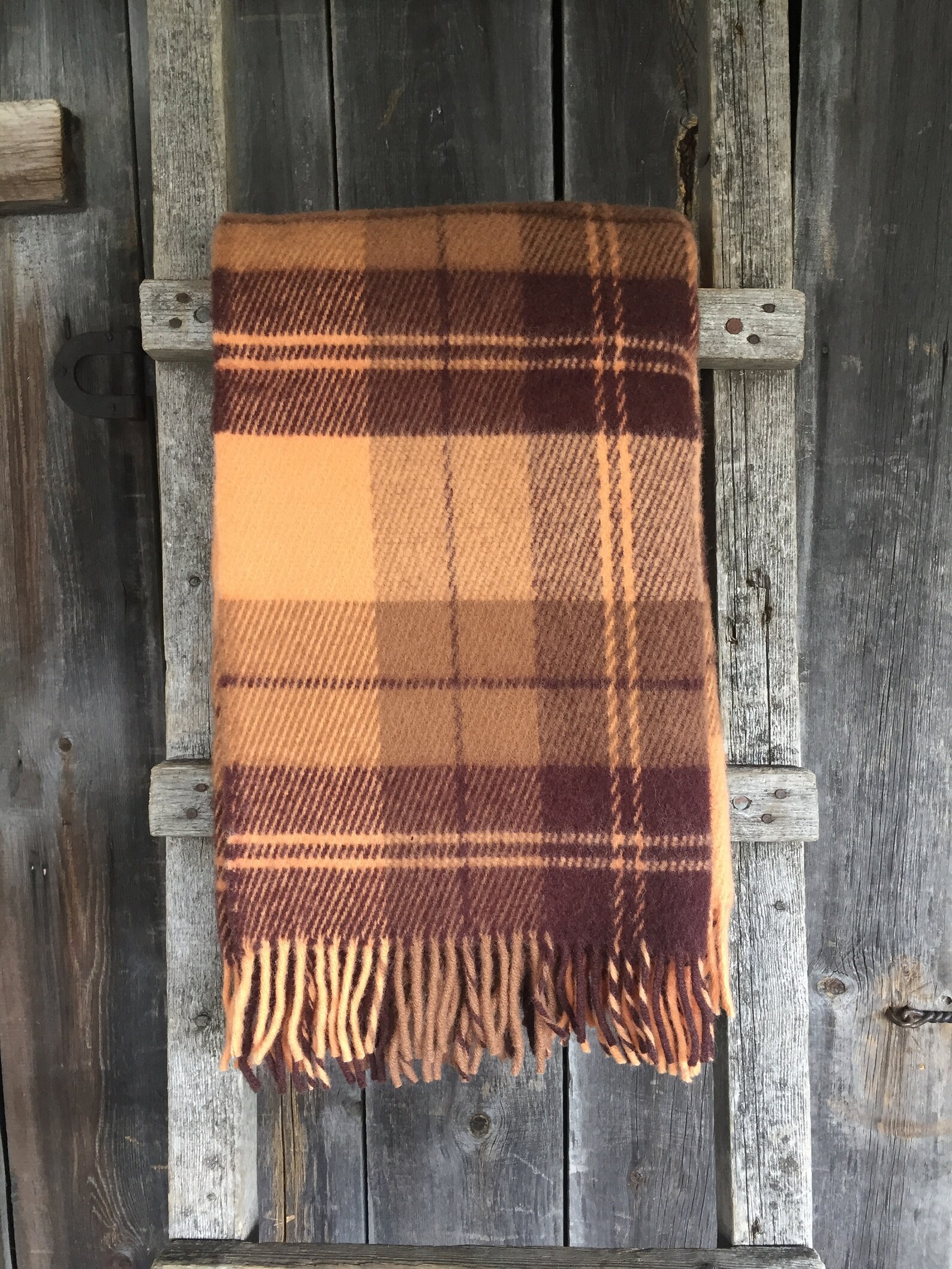 Pure wool blanket throw Orange/brown classic check wool Etsy