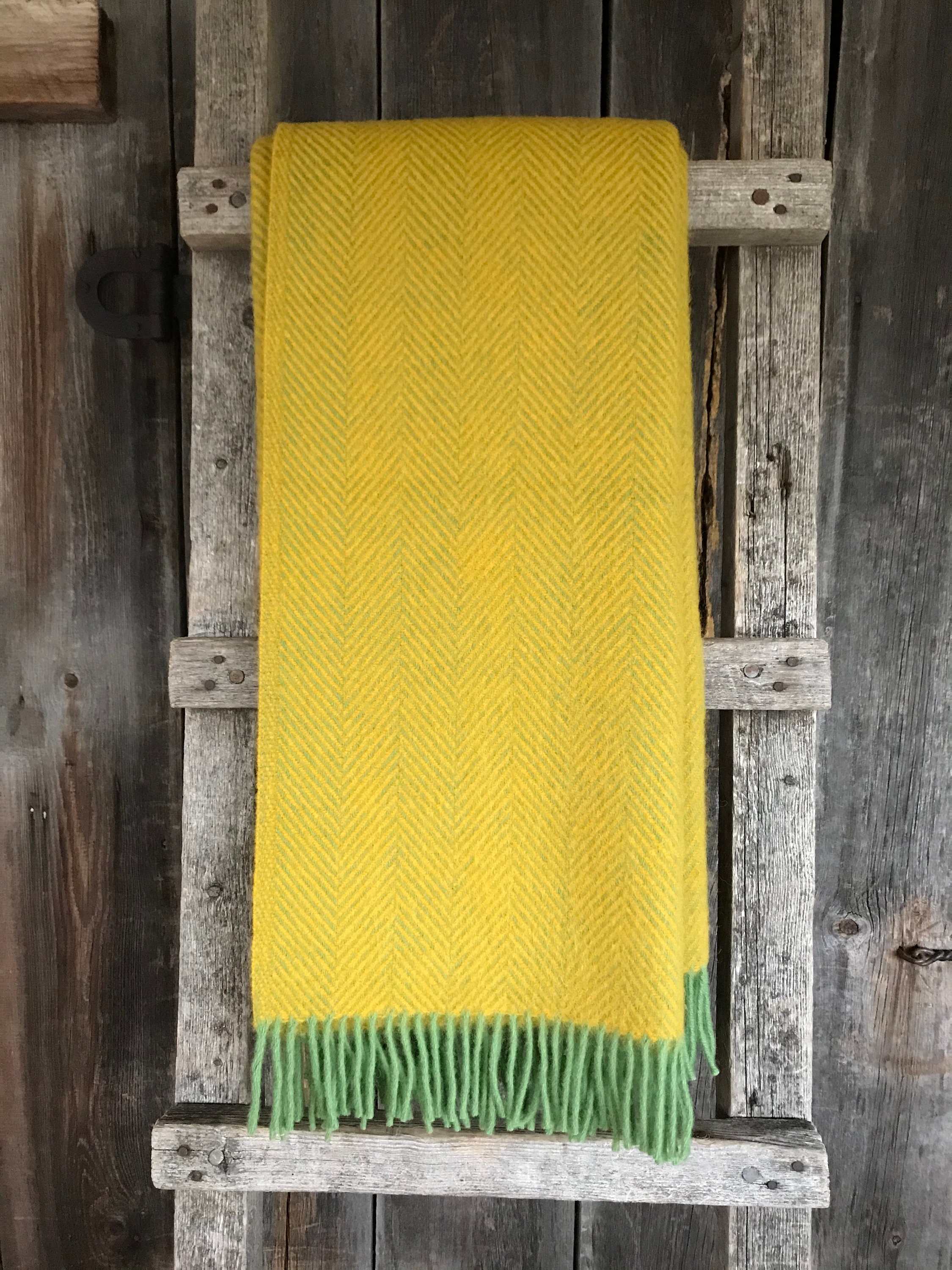 Mustard yellow wool throw blanket with green fringes Etsy
