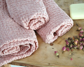 Set of 3 Dusty pink linen waffle towel, Woodrose linen waffle sauna towel, Woodrose soft linen SPA towel set, 3 piece M set: face/hand/bath