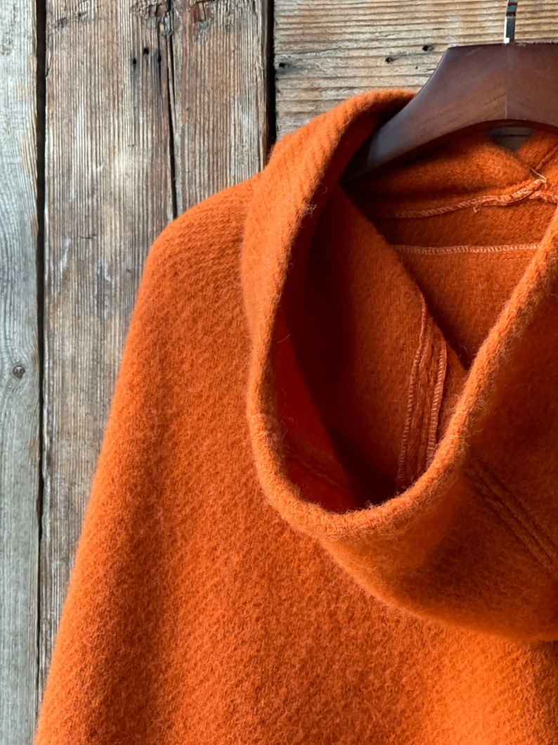 Orange wool poncho cape hooded with fringes Orange poncho cape Long lambswool poncho with fringes Hooded poncho Wool blanket ponchos capes image 6