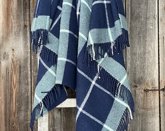 Navy blue checked wool throw blanket Pure lambswool Navy blue/white throw blanket with fringes Light sofa throws blanket 51''X79''/130X200cm