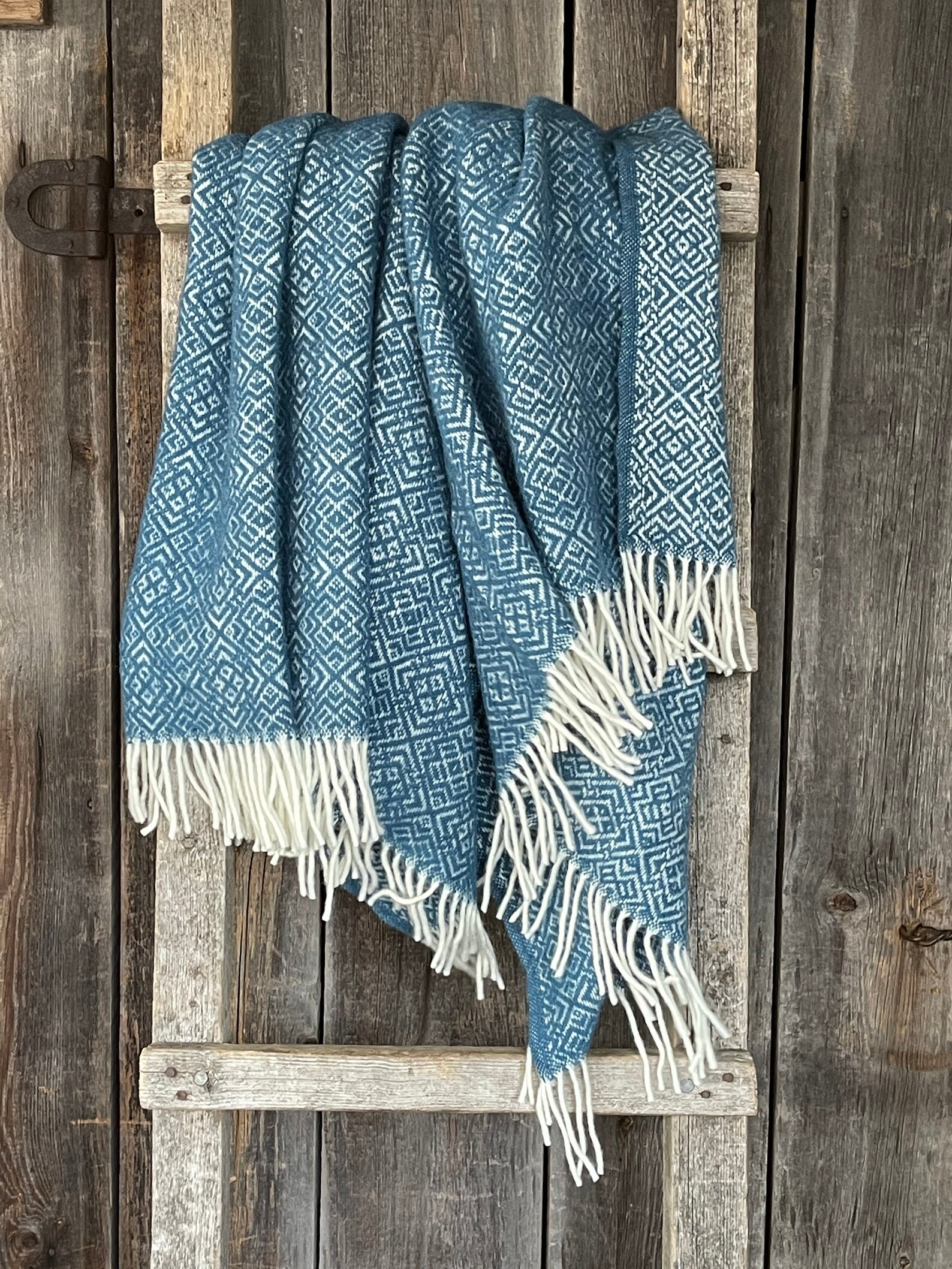 Bright blue wool throw blanket with white fringes small ethno Etsy