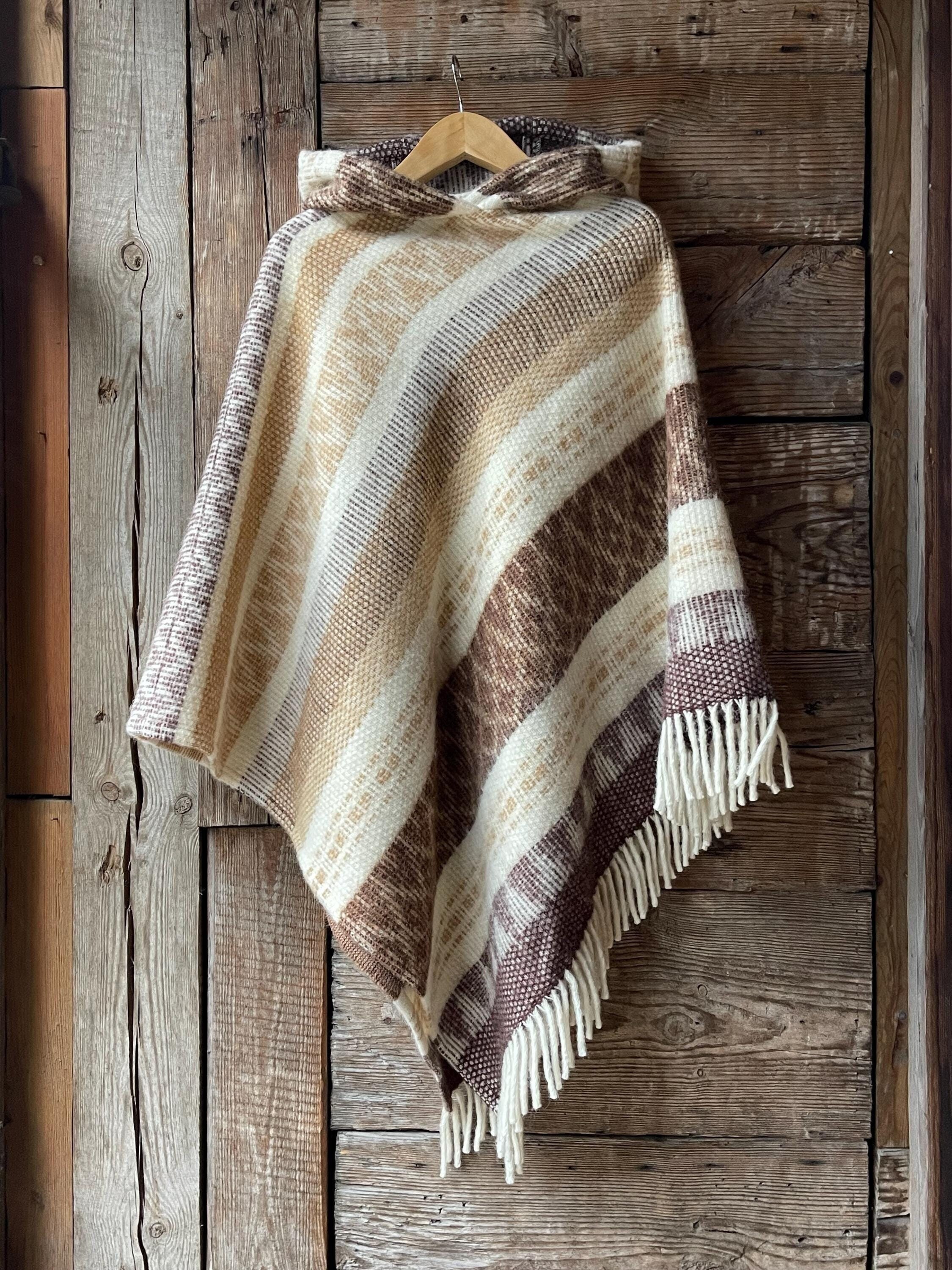 Beige alpaca wool poncho cape with fringes Alpaca & lambswool mix hooded brown poncho cape ethno ornaments Beige alpaca wool blanket poncho