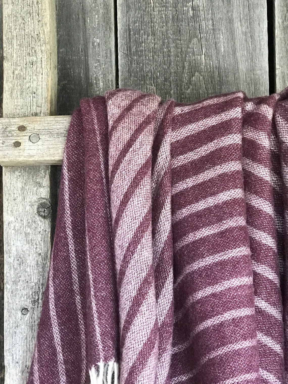 Pure Wool Throw Blanket With Fringes Striped Purple Lambswool Etsy
