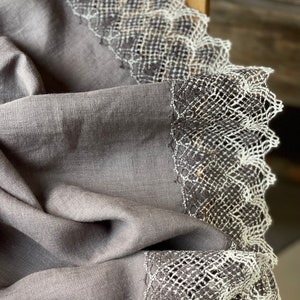 Linen tablecloth with lace Charcoal grey linen tablecloth Dining tablecloth grey/white linen lace Beautiful grey linen laced tablecloths