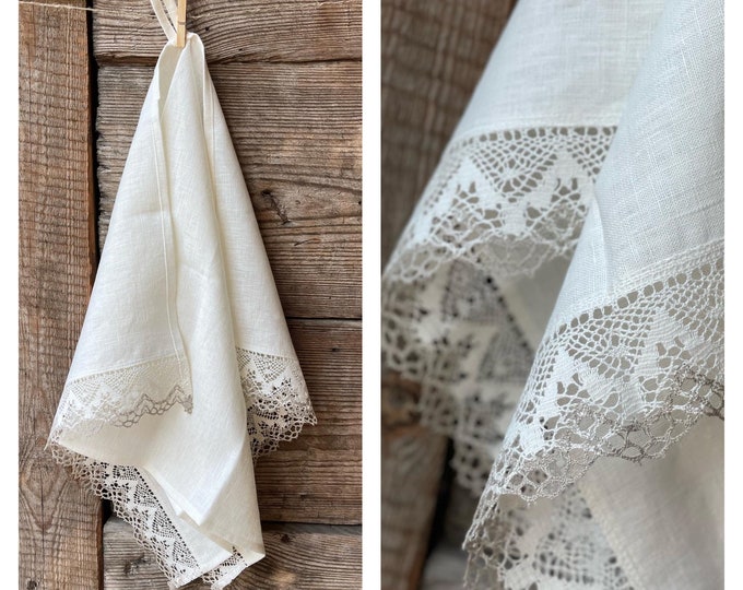 White linen tea towel with lace, Laced white linen tea towel, Stonewashed offwhite linen tea towel with white linen lace 19''x33'' (50x85cm)