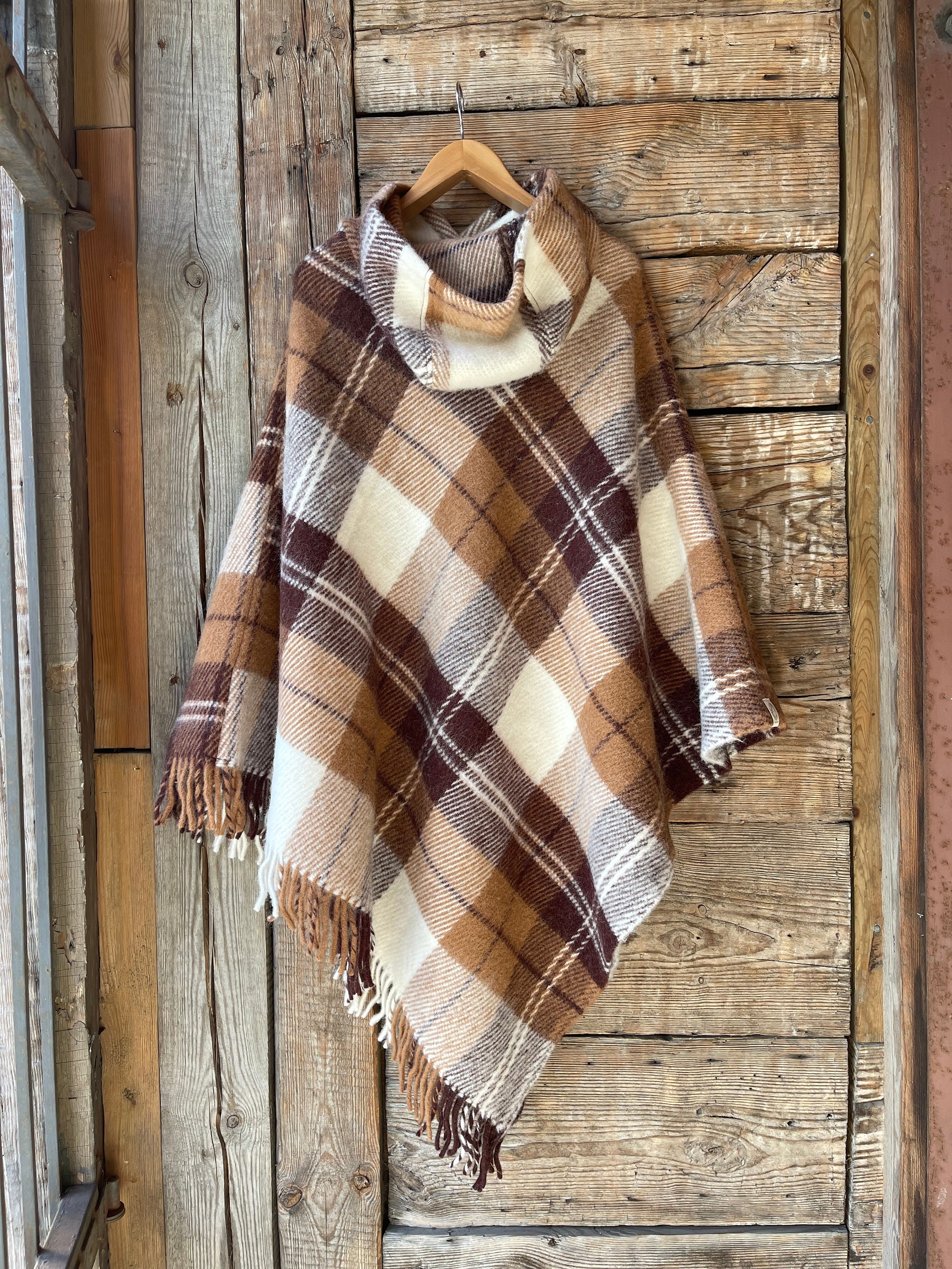Brown Lambswool Poncho Cape With Hood in Check Brown/cream Brown Lambswool Poncho Cape With Hood in Check Brown/cream