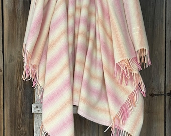 Roze wollen deken met franjes Roze/wit gestreepte deken pure lamswol licht warme en ademende plaid 55''X81''/140 x 205 cm