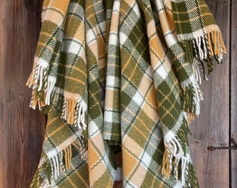 Green wool checked throw blanket fringes Pure Lambswool blanket in check Green Wool tartan blankets sofa throws gift 55''X81''/140X205 cm