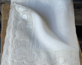Mantel de lino blanco, Mantel de lino con encaje, Mantel de comedor, Mantel de lino blanco con puntilla de lino, Puntilla de lino blanco con tazas de café