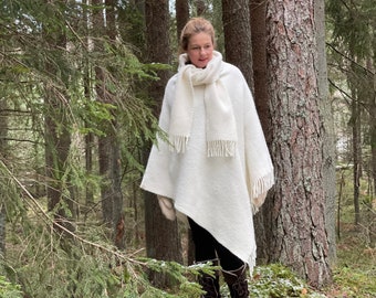 Cream white wool poncho cape with fringes and small shawl Pure wool ladies poncho in check Milk White pure wool blanket large poncho cape