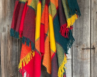 Plaid en laine verte à grands carreaux à franges Plaid en pure laine à carreaux verts/rouges/jaunes taille XL 67''X82''/170X210cm
