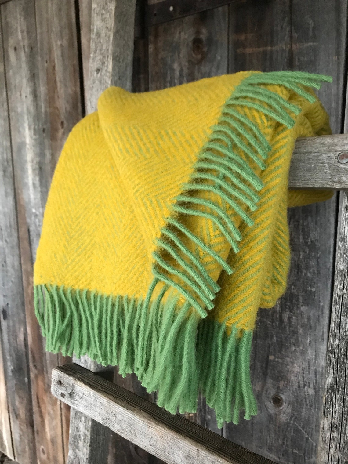 Mustard yellow wool throw blanket with green fringes Etsy