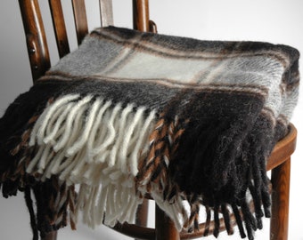 Black/brown/cream white large check wool throw blanket Pure Wool blanket with fringes Lambswool blanket Wool throws 55''X81''/140X205cm