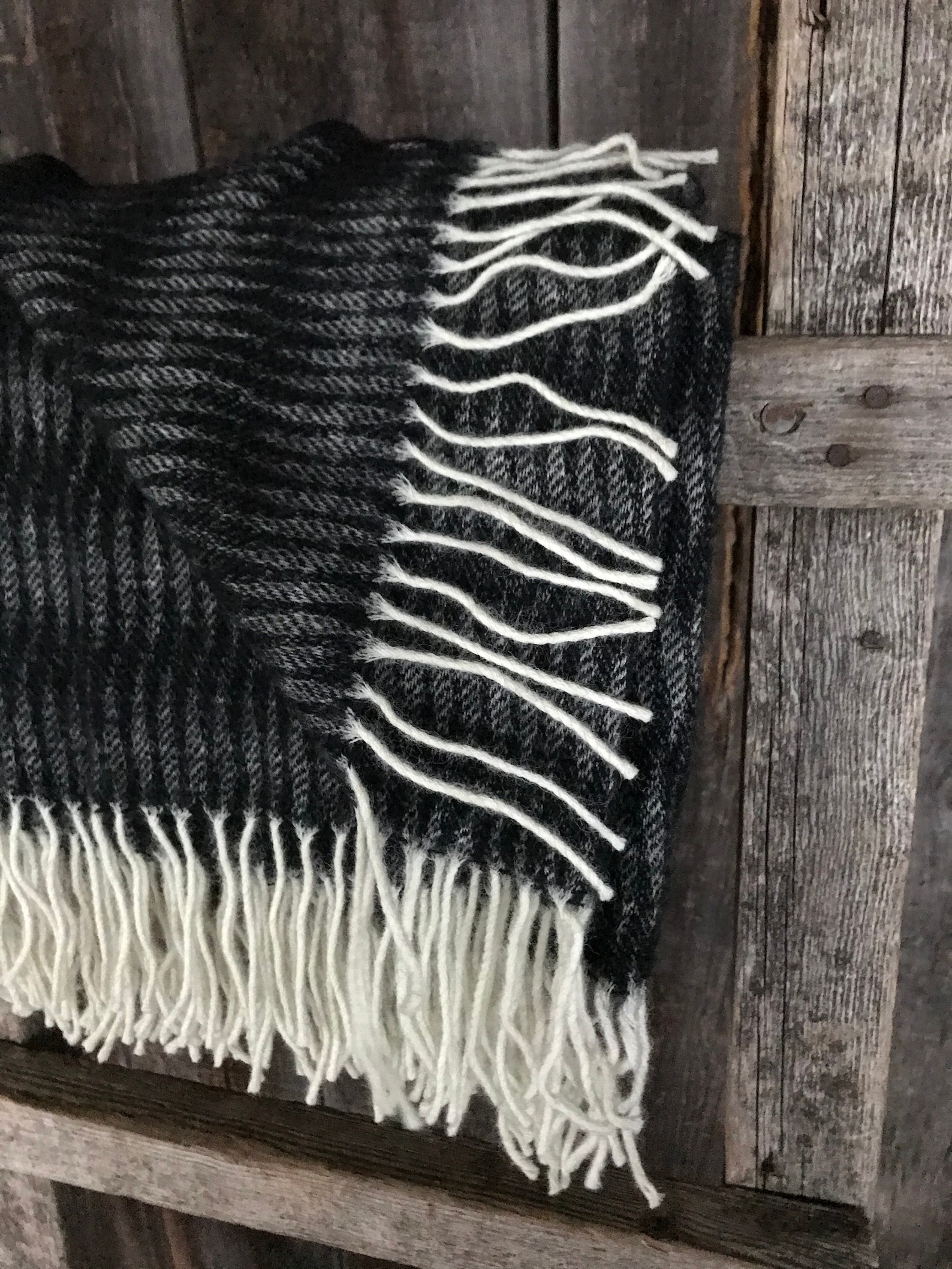 Black/white Wool Throw Blanket With White Fringes Pure - Etsy