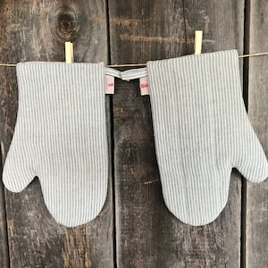 Set of 2 Light blue/natural grey striped linen Oven Mitt Pot Holder Oven Gloves Potholder Cooking gloves Kitchen Gloves Blue striped linen