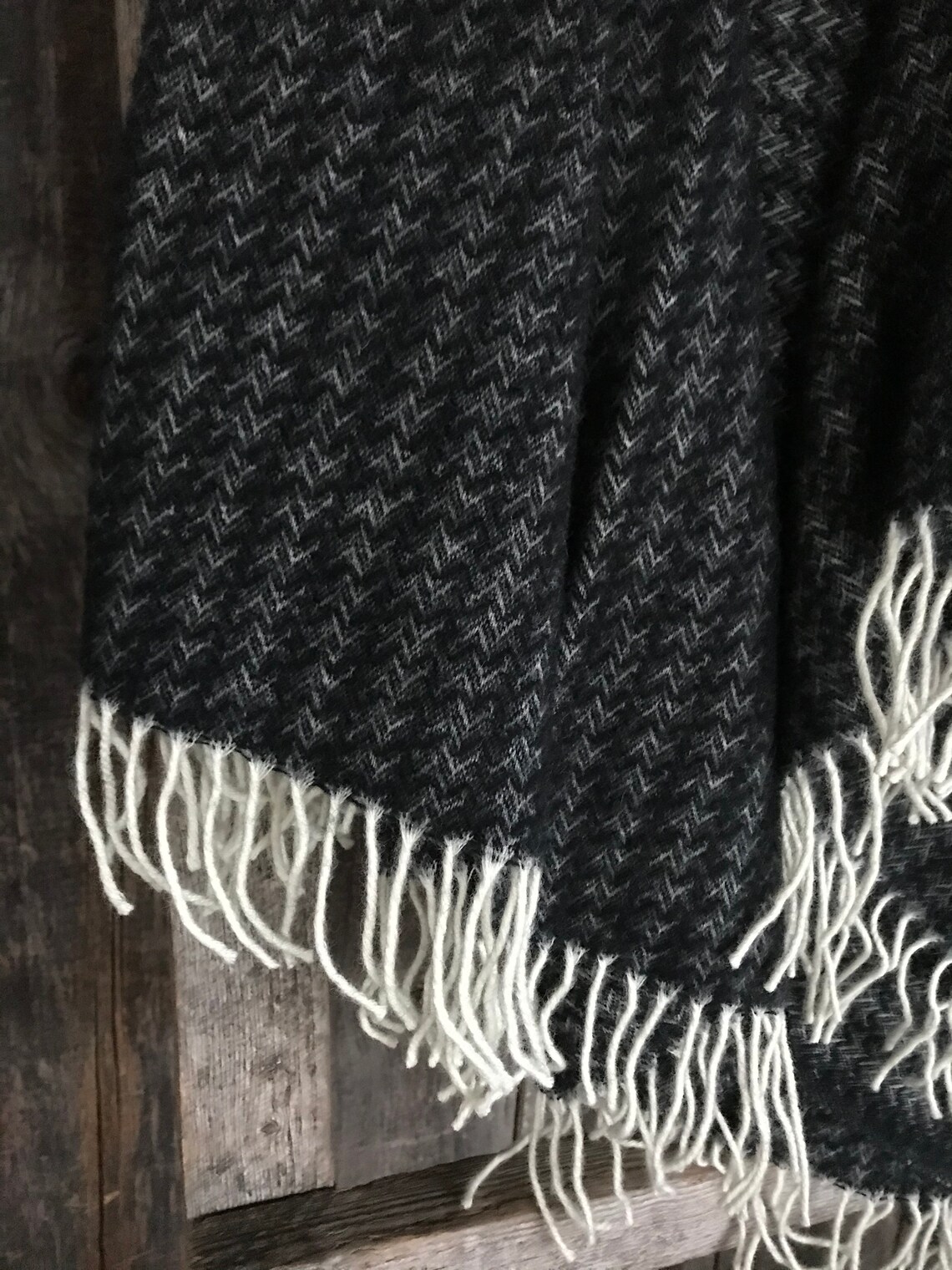 Black/white wool throw blanket with white fringes Black wool | Etsy